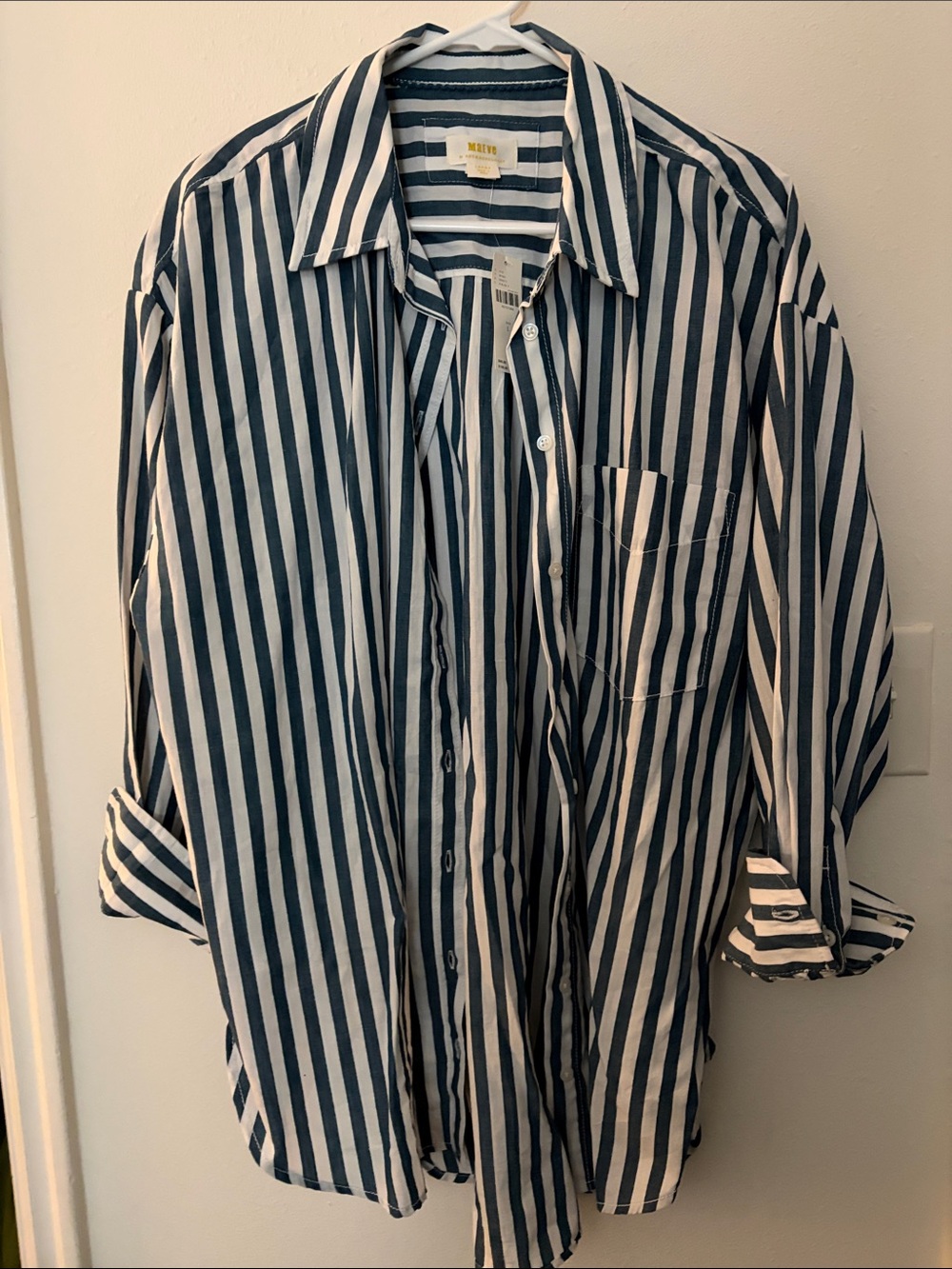 women’s Maeve Navy and White Stripe Button-Up Shirt